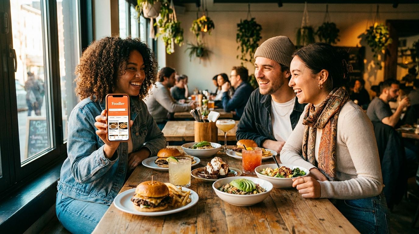 Freunde teilen Essen im Restaurant und zeigen die LocalFoodler App